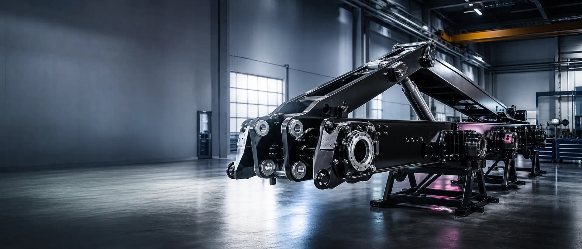 Schwerlast-Chassis mit sichtbaren Lagerpunkten in einer industriellen Fertigungshalle