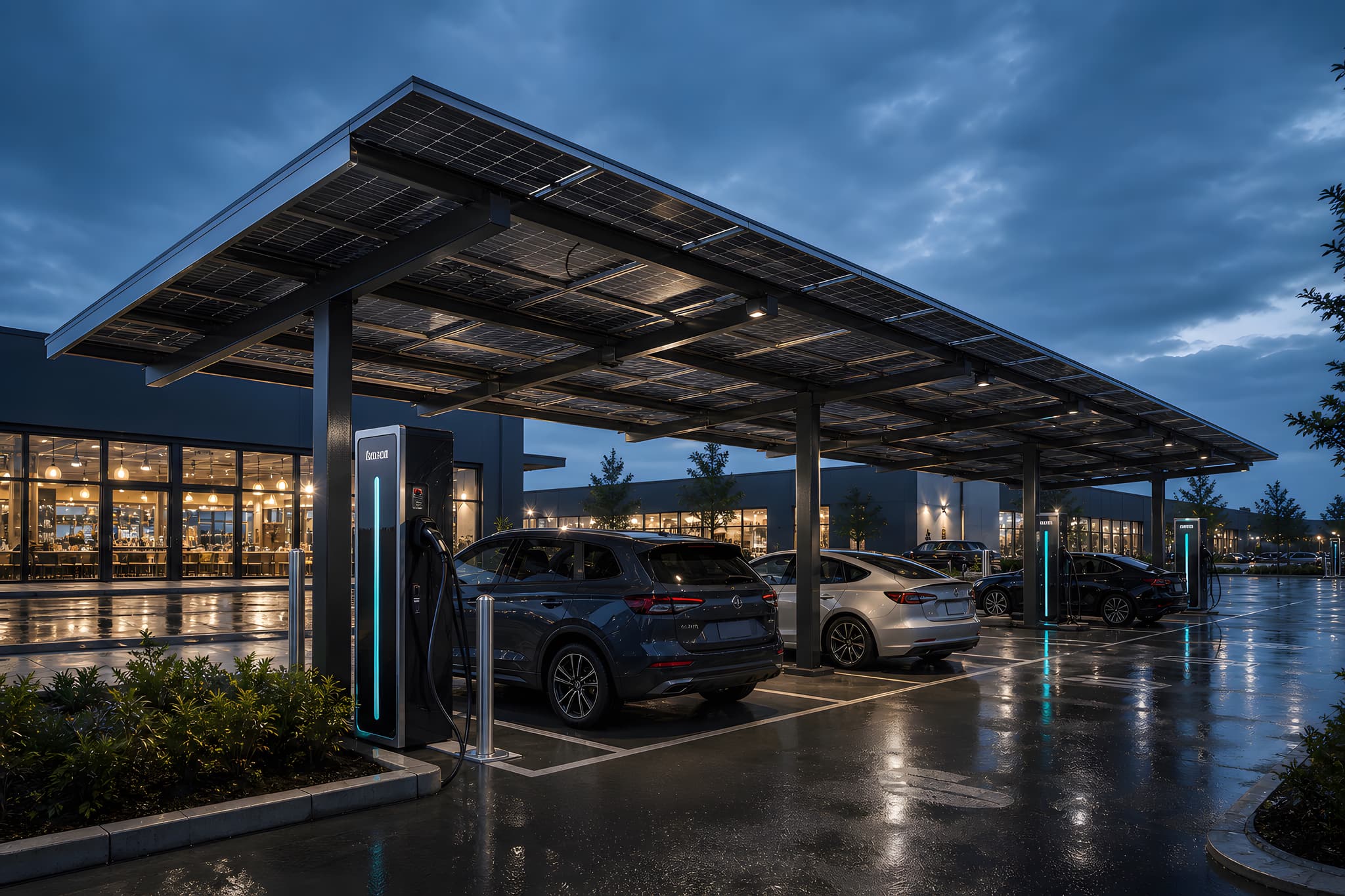Illustrativer Solarcarport mit integrierten Ladepunkten an einem Handelsstandort.