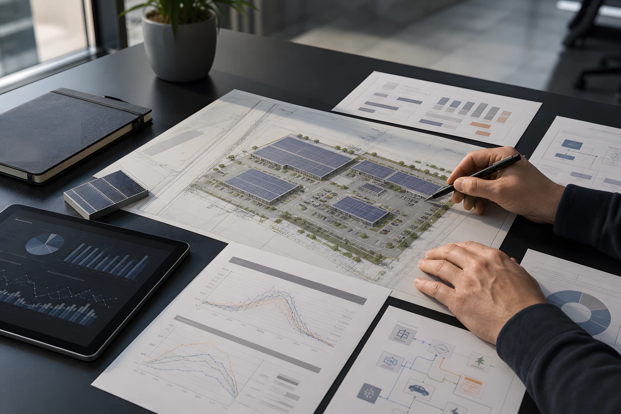 Illustrativer Projekttisch mit Standortplan, Lastgang-Anmutung und Energierollen für einen Handelsstandort.