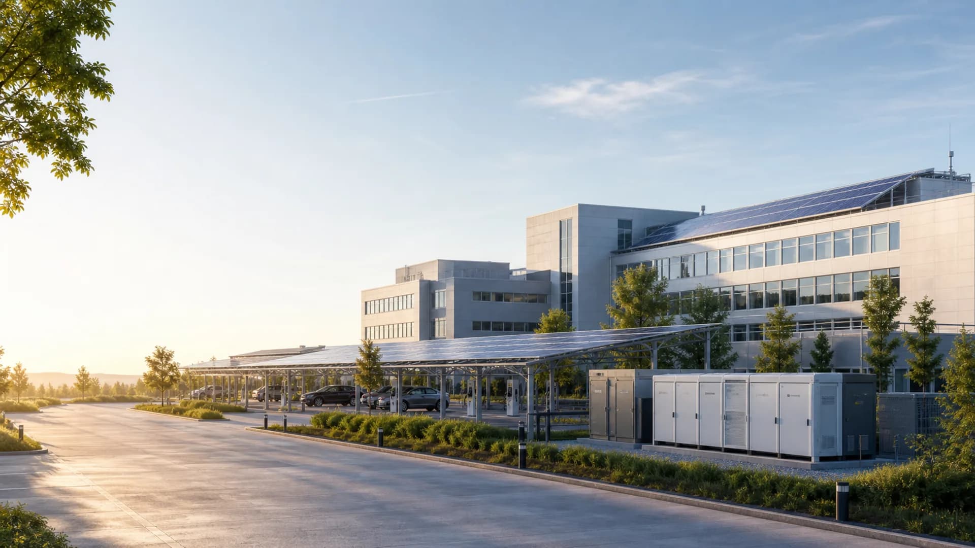Visualisierung eines ruhigen Klinik-Campus mit Photovoltaik, Solarcarport und Batteriespeicher.