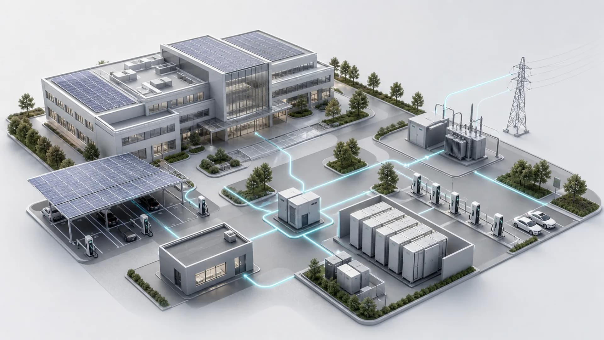 Schematische Visualisierung eines ruhigen Klinik-Energiesystems mit PV, BESS, Laden, EMS und Netzanschluss.