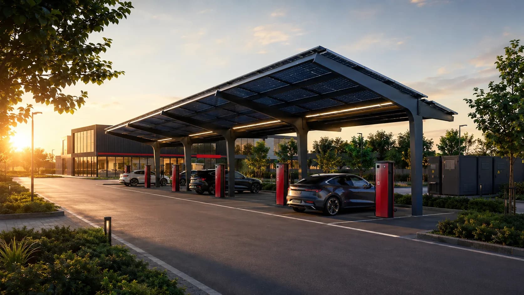 PV-Carport-Ladepark mit mehreren Bidirex-Ladepunkten und Fahrzeugen bei Sonnenuntergang.