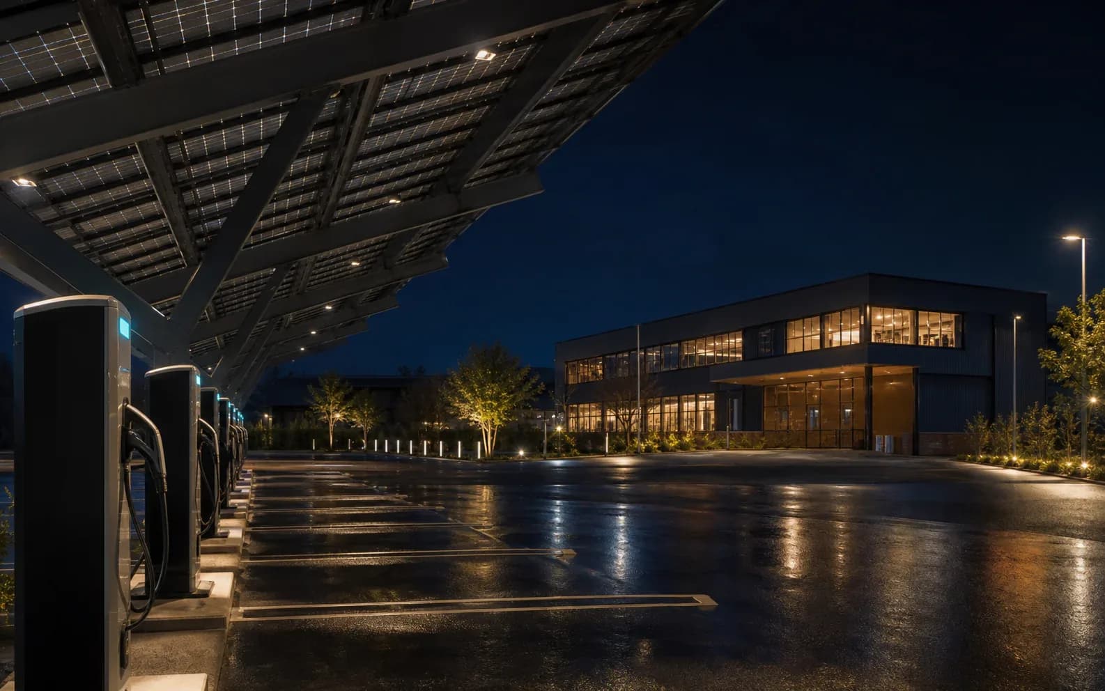 Seitliche Bluehour-Perspektive eines PV-Carport-Ladeparks mit Ladepunkten und beleuchtetem Standortumfeld.