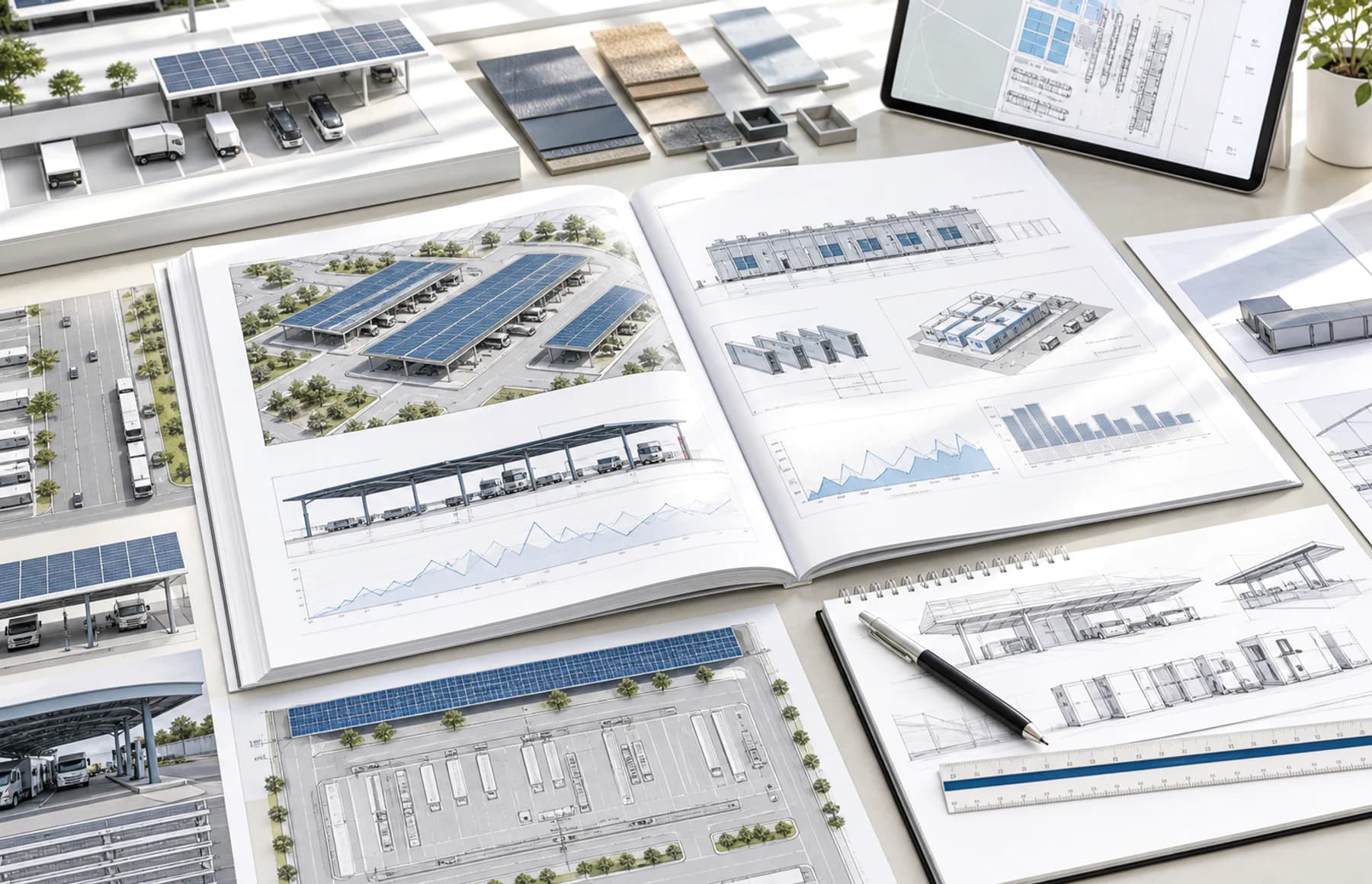 Illustrativer Projekttisch mit Lageplan- und Lastgang-Anmutung für die erste Depotprüfung