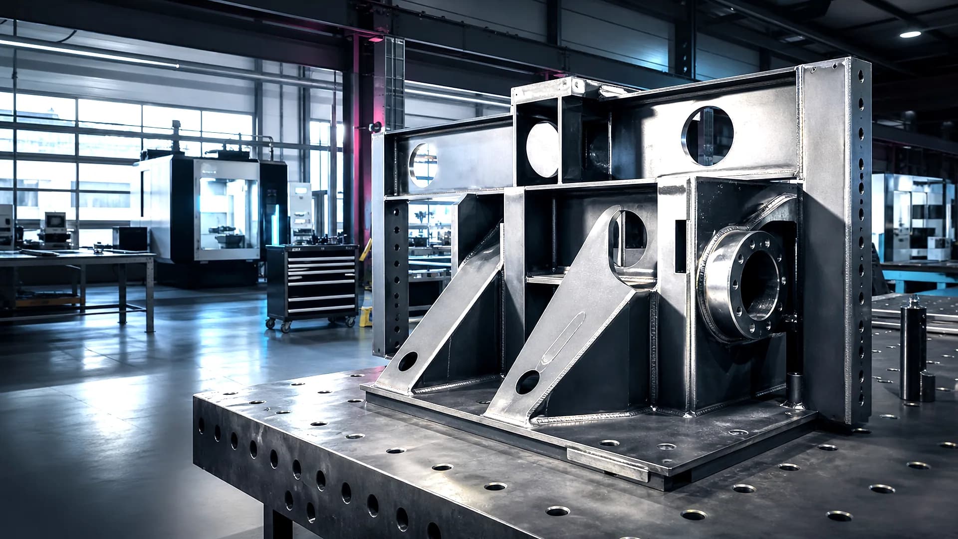 Illustratives Premium-Visual einer hell ausgeleuchteten Sonderbaugruppe in einer Metallbau-Werkhalle.