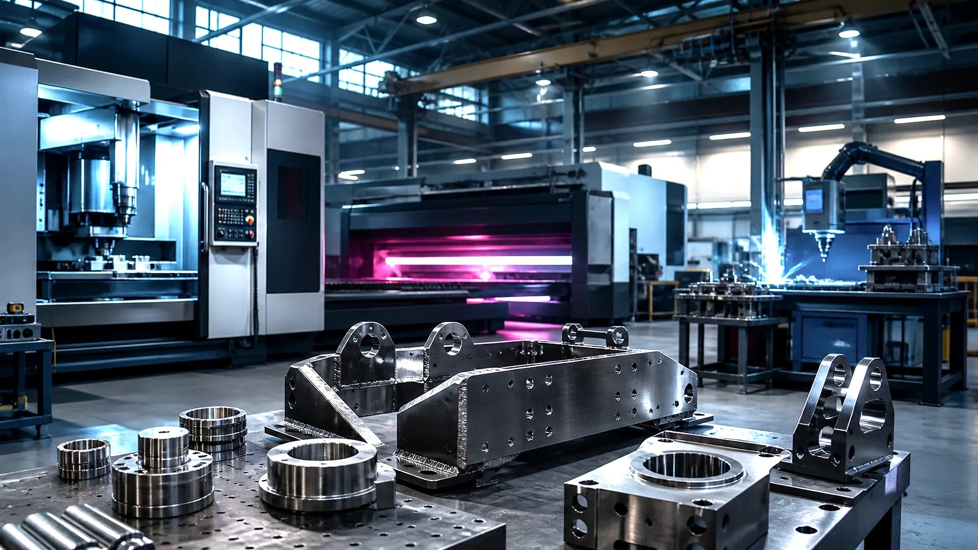 Illustratives Visual einer Fertigungsroute mit CNC, Metallteilen und Werkstattumfeld.