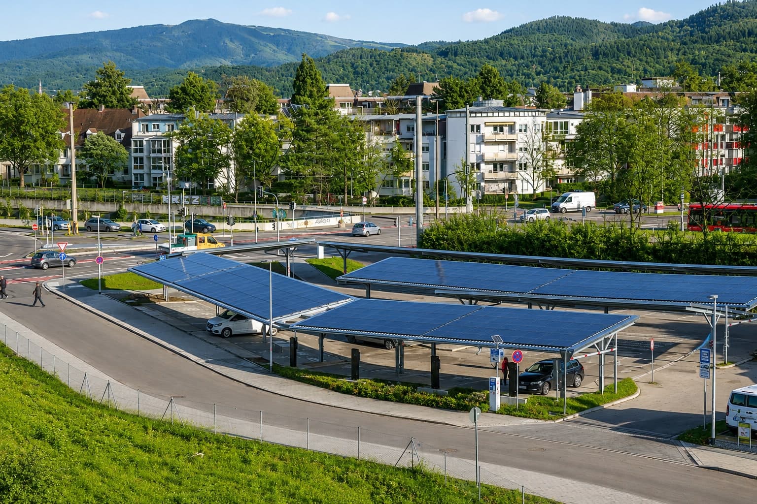 Luftaufnahme des kommunalen Solarparkplatzes Paduaallee Freiburg mit PV-Dächern und Ladepunkten