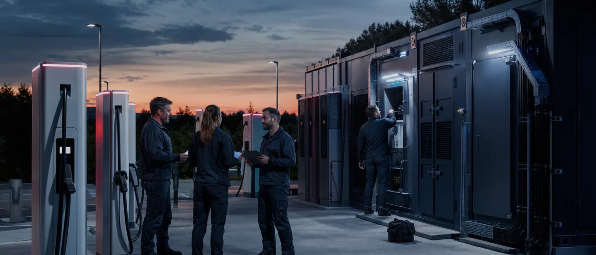Illustratives Premium-Visual: Projektteam an Ladeinfrastruktur und Energiespeicher bei kontrollierter Abendstimmung.