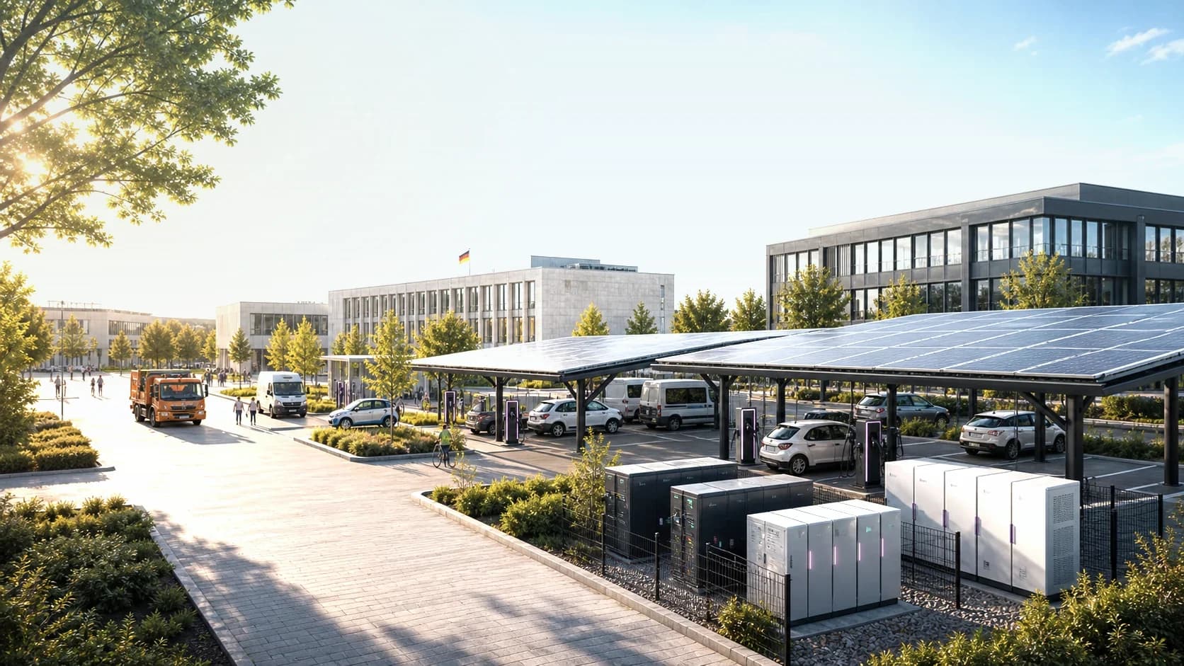 Gewerbe- und Kommunalstandort mit PV-Carports, Ladepunkten und Speicher bei blauer Stunde.