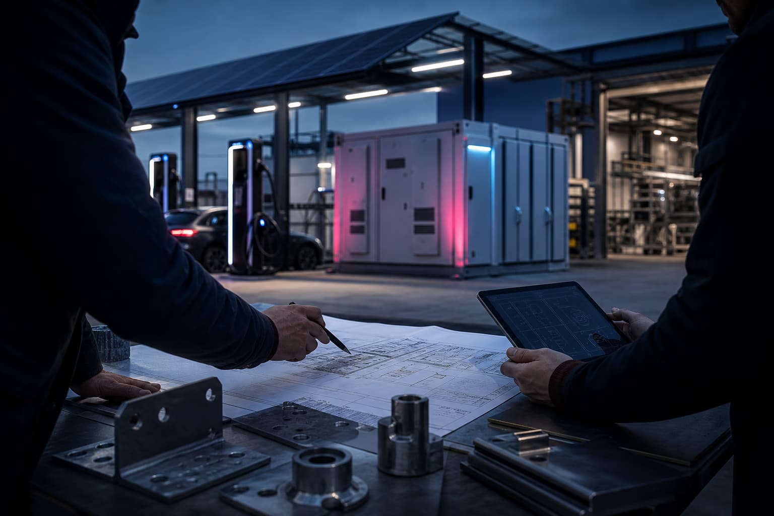 Menschen planen ein Bidirex Standortsystem aus Energieinfrastruktur, Metallkomponenten und Ladepunkten.