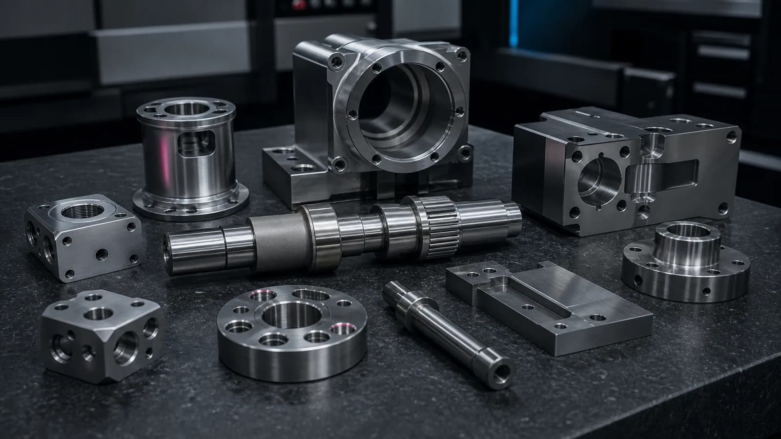 Gefräste und gedrehte Metallbauteile auf einem dunklen Messtisch