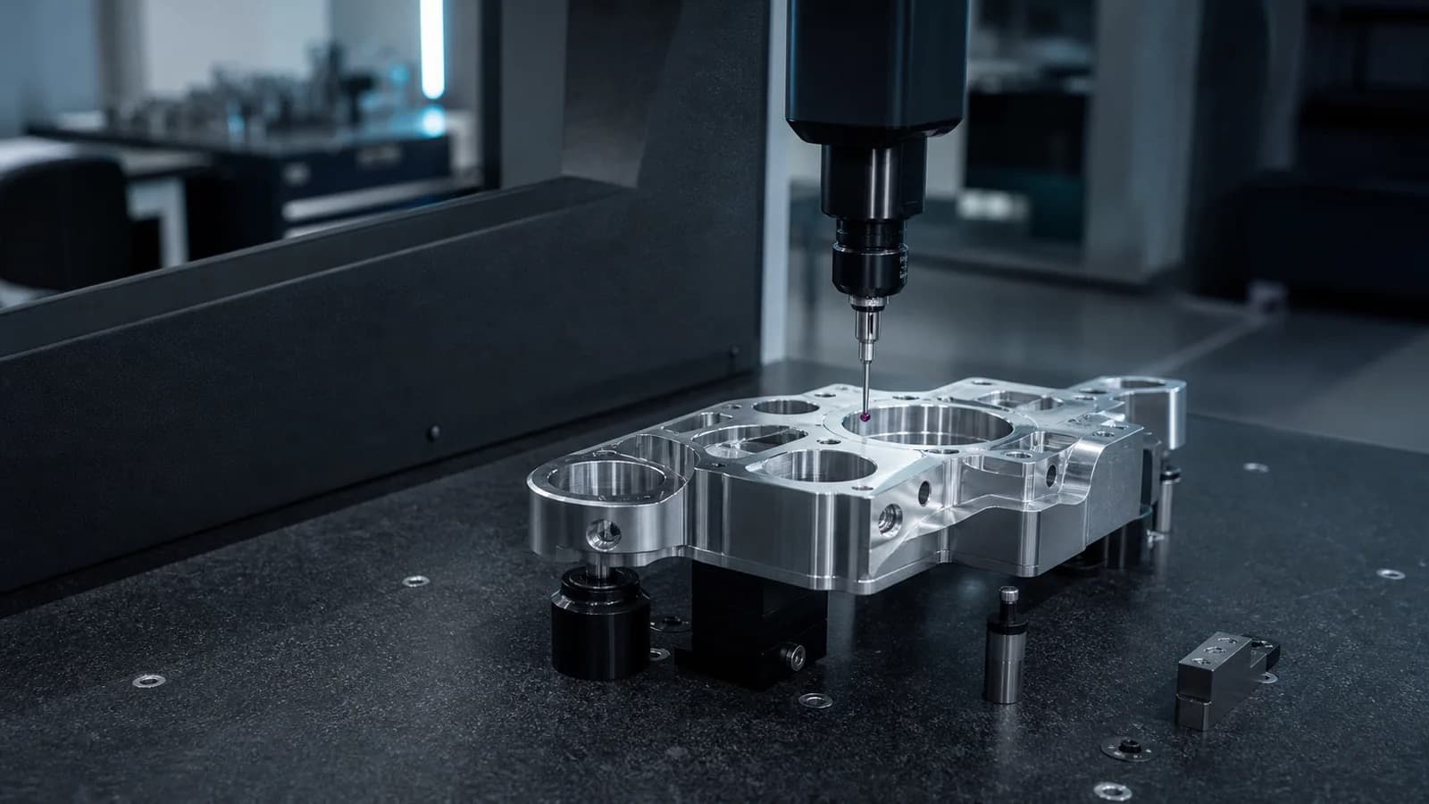 Koordinatenmessmaschine prüft ein präzises gefrästes Metallbauteil