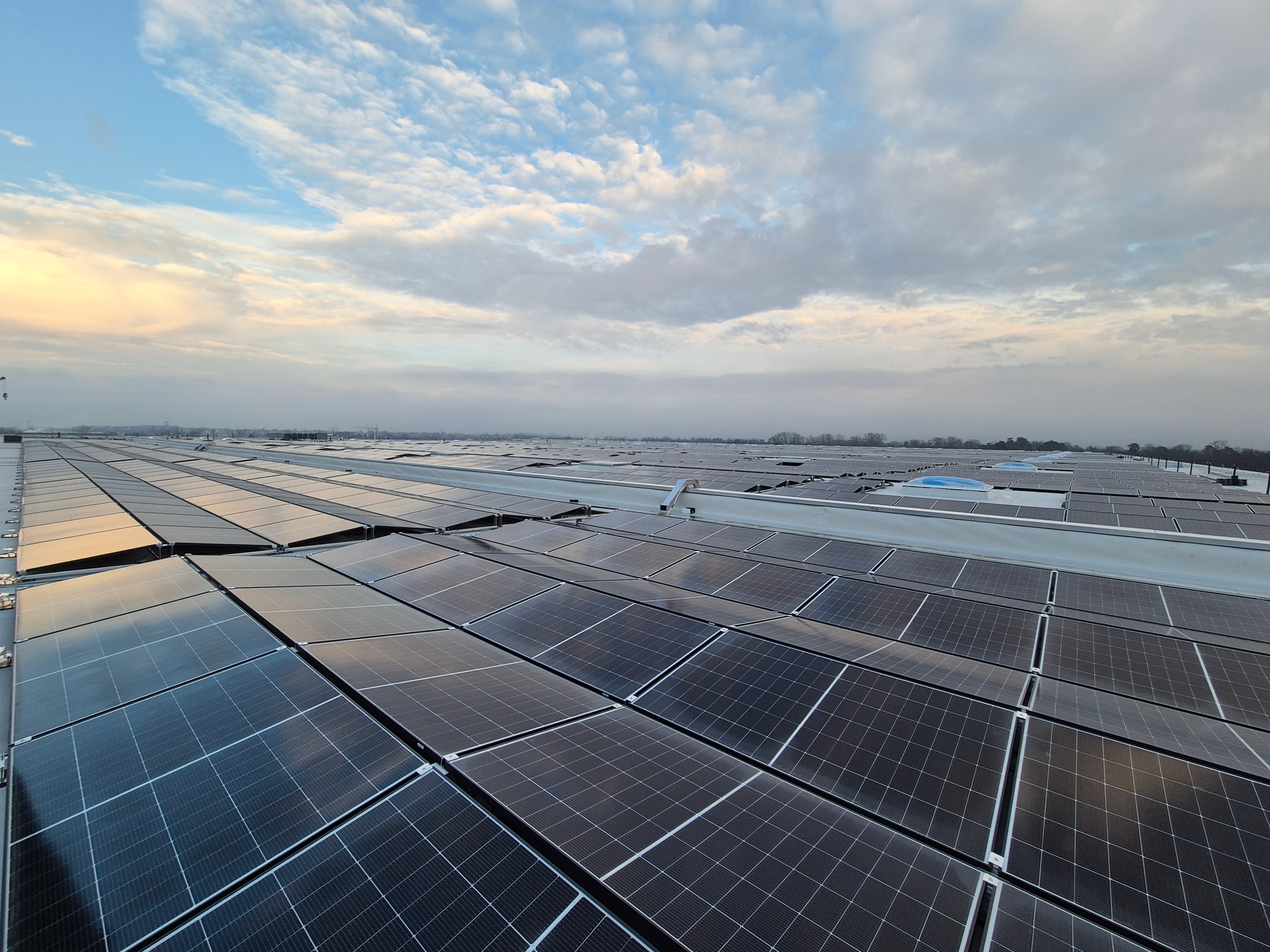 Luftaufnahme des Logad-Standorts mit großer Aufdach-PV-Anlage in Neuenburg am Rhein