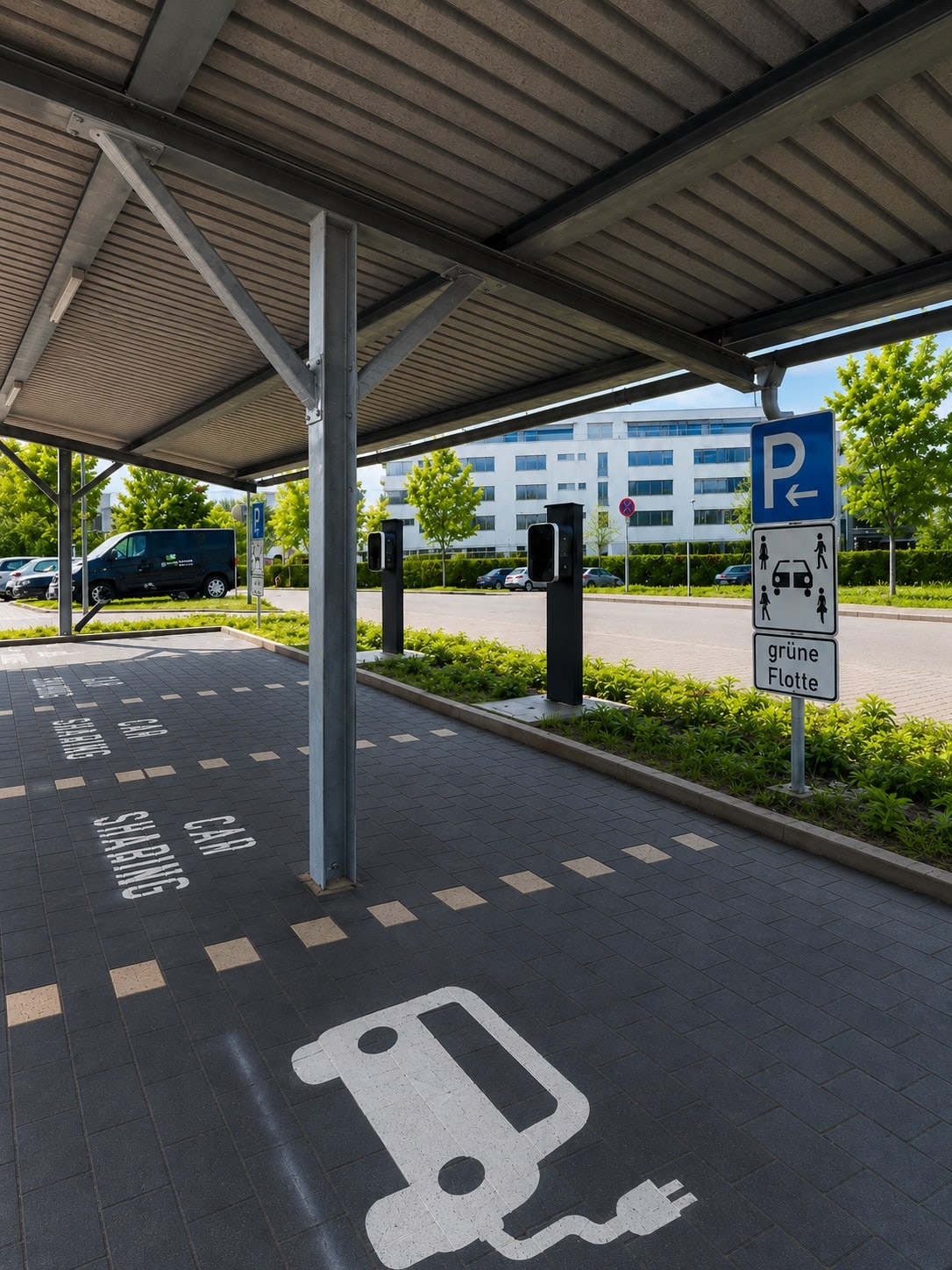 Blick unter die PV-Überdachung am P+R-Parkplatz Paduaallee mit Ladepunkten, Carsharing-Markierung und grüne-Flotte-Schild